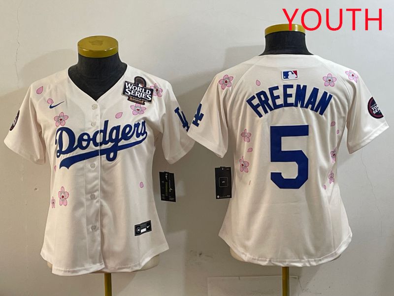 Youth Los Angeles Dodgers #5 Freeman Cream Sakura Edition 2025 Nike MLB Jersey style 3